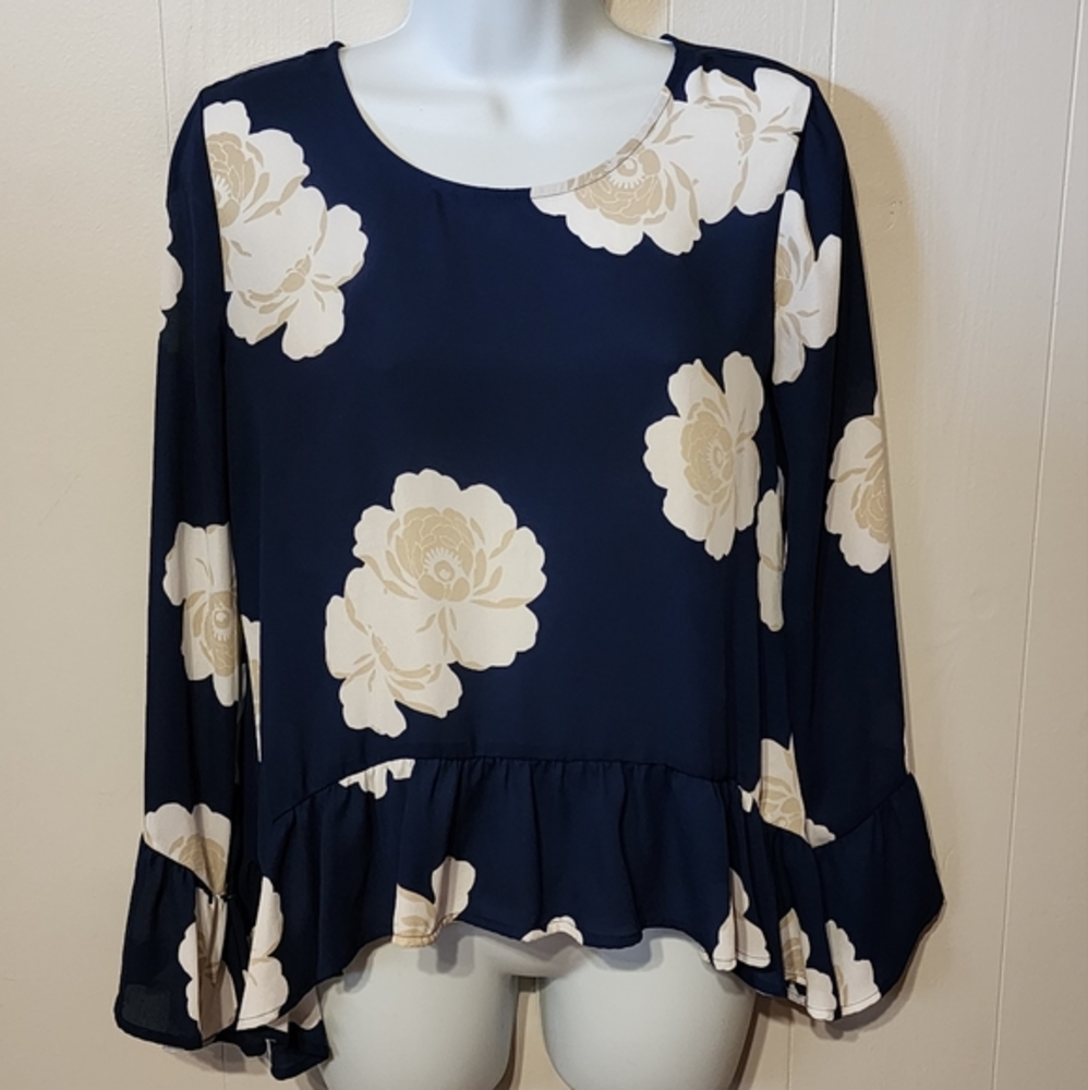 A.N.A. Peasant‎ Blouse Poet Sleeves Navy White Floral Keyhole Back Small A334